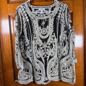 Cato Large Sheer 3/4 Sleeve Pullover Black Mesh Gold Embroidery